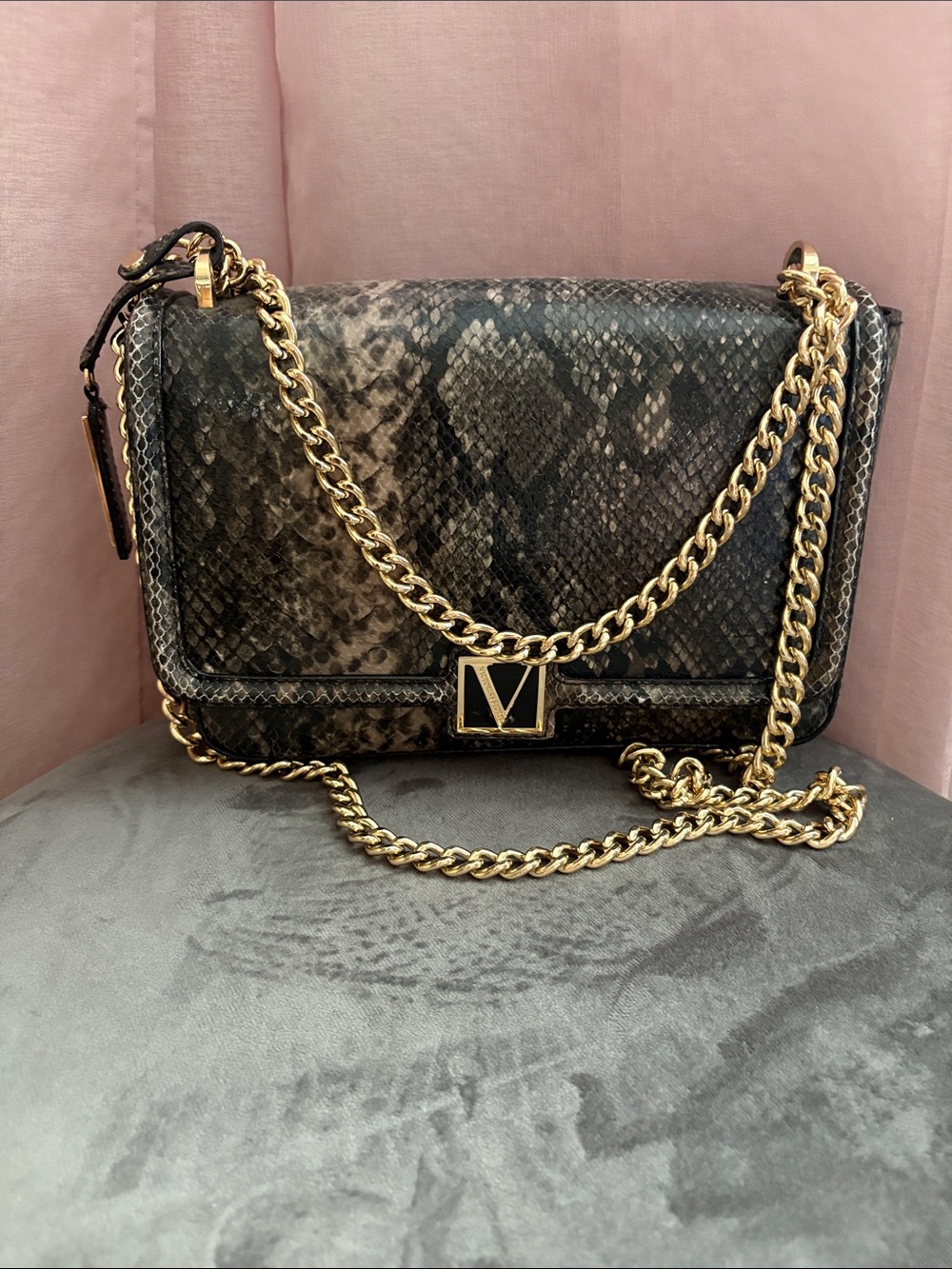 PINK Victoria's Secret Black Python-Texture Chain Crossbody Bag